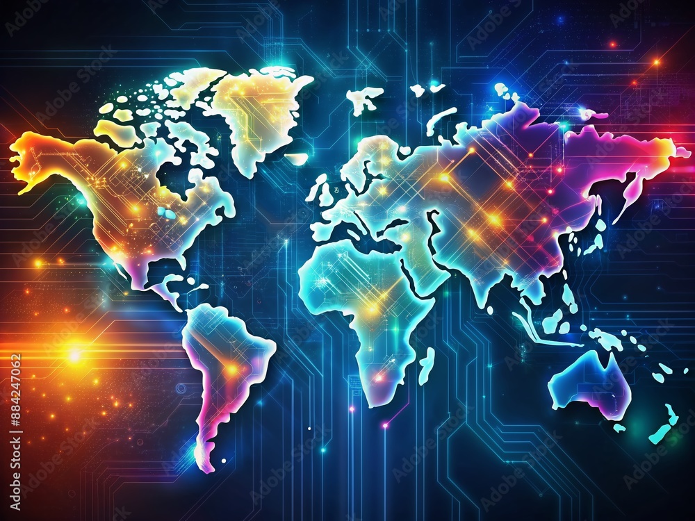 Poster vibrant abstract digital world map with glowing circuits, pulsing lines, and data streams, represent