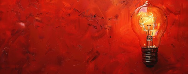 A light bulb lights up on a red background with black patterns