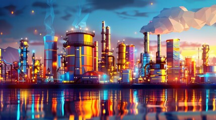 Oil refinery at night, illuminated structures, flat design illustration