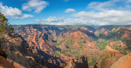 Panoramic view of Waimea Canyon on the Hawaiian island of Kauai, USA seen from Waimea Canyon Lookout