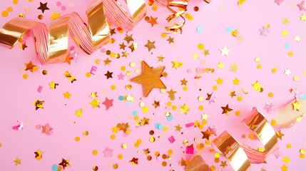 golden star-shaped confetti and a curled gold ribbon scattered on a pastel pink background, creating a festive and celebratory vibe