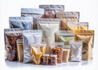 Fototapeta premium Assorted empty pouches in various sizes and shapes lie flat on a white background, ready for product filling and custom branding with labels or prints.