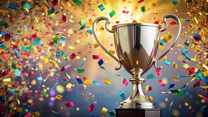 Golden and silver shiny chrome championship cup or winner trophy sits atop a wide banner with colorful celebration confetti and ribbon decoration, surrounded by copy space.
