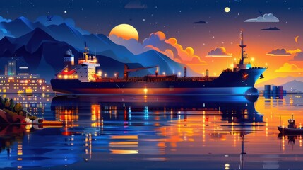 Obraz premium Oil tanker at sea, evening sky, flat design illustration 