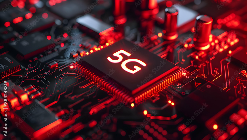 Poster a close-up of a 5g microchip embedded on a circuit board, glowing with red lights symbolizing advanc