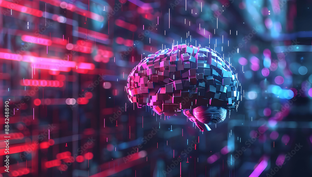 Poster a digital representation of a human brain with pixelated design and neon lights, illustrating artifi