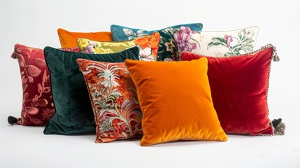 Collection of vibrant throw pillows with diverse patterns and textures are spread out on a white surface