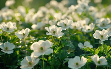 Serene Field of Blooming White Flowers Under Summer Sunlight