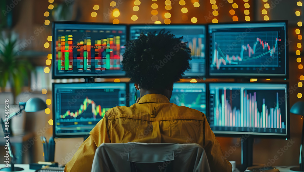 Poster a person analyzing stock market data on multiple computer screens in a brightly lit office with fest
