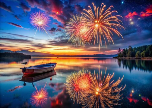 Vibrant fireworks explode above tranquil lake waters, reflected in calm ripples, as empty boat floats nearby, adorned with patriotic colors, under starry night sky.