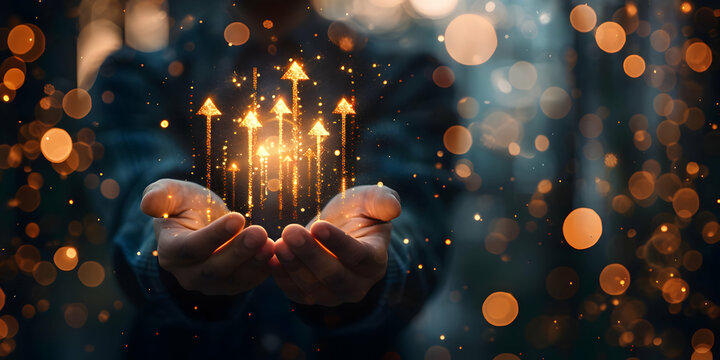 A pair of hands holding magical glowing arrows rising upwards, symbolizing growth, progress, and success in a blurred background with bokeh lights.