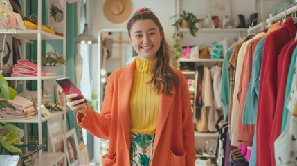 Fototapeta premium smiling caucasian woman holding phone and choosing clothes in fashion shop