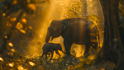 A touching scene of an elephant and its calf walking together in a sunlit forest, surrounded by warm, golden light filtering through the trees.