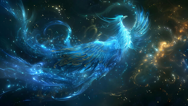 A stunning blue phoenix bird made of light soars through a vibrant, starry cosmic backdrop, embodying beauty and mystery.