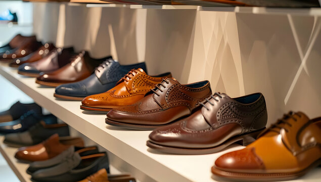 A stylish display of various leather dress shoes on a shelf in a store, showcasing different styles and colors for formal occasions.