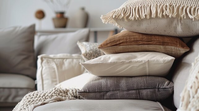 A stack of plush throw pillows in various textures and shades, arranged on a cozy sofa against a backdrop of soft ivory, inviting relaxation and comfort.