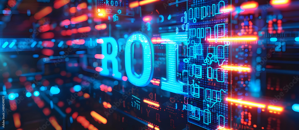 Poster abstract digital display showing roi, return on investment, in a dynamic, illuminated display repres