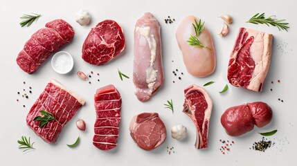 A variety of meats, such as beef steaks, chicken breasts, and pork chops, laid out on a transparent background to emphasize their quality and marbling.