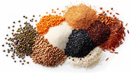 A collection of grains and legumes, including quinoa, rice, and lentils, displayed in small piles on a transparent background to showcase their different textures and colors.
