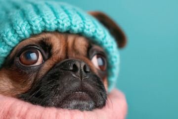 Small Pug dog with brown fur and a black nose wears a blue knit hat and a pink scarf, looking up against plain blue background for advertising