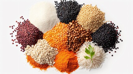 A collection of grains and legumes, including quinoa, rice, and lentils, displayed in small piles on a transparent background to showcase their different textures and colors.