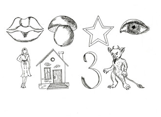 Lips, mushroom, star, eye, woman, house, number three, damn. A sketch. A hand-drawn drawing. A design element. Clip-Art