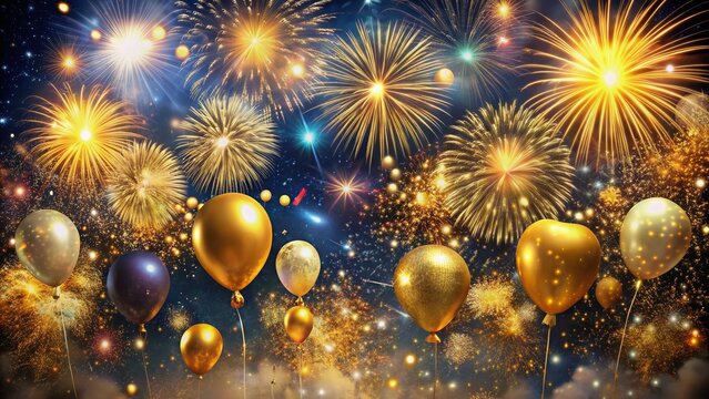 Vibrant golden confetti and balloons decorate a dark blue night sky with fireworks exploding in the background, perfect for adding festive New Year messages.