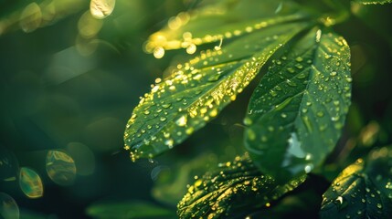 Dewdrops on Lush Green Leaves