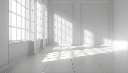 Fototapeta premium Bright, empty room with large windows, allowing natural light to cast shadows on the clean, white walls and floor, creating a serene atmosphere.
