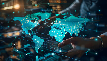 Businessman holding digital tablet with global network map, showcasing international connections and global business technology.