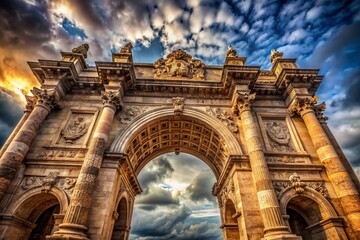 Obraz premium Majestic ancient archway stands proudly against a cloudy sky, showcasing intricate stone carvings and ornate details, evoking a sense of history and grandeur.