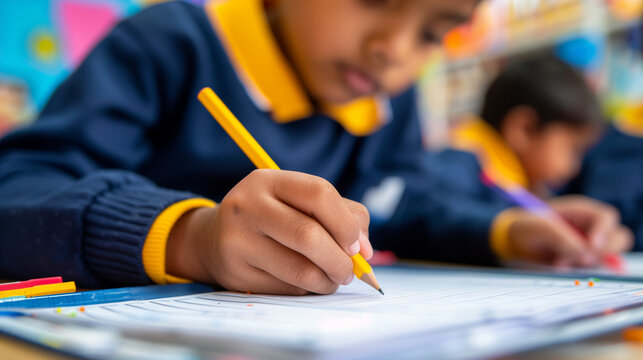 Portrait of child drawing with pencil. Smart happy focussed asian boy writing at school. Closeup of child learning english, maths or science in uniform. Primary education for diverse communities.