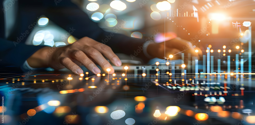 Poster close-up of a hand interacting with a digital interface, showcasing data visualization, technology, 