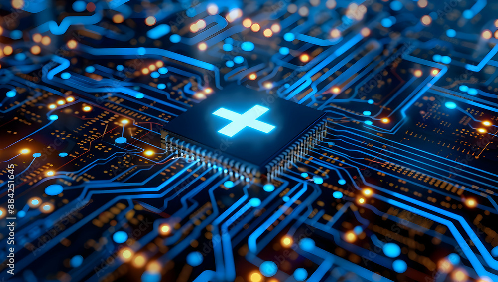 Poster close-up of a modern semiconductor microchip on a blue circuit board, representing advanced technolo