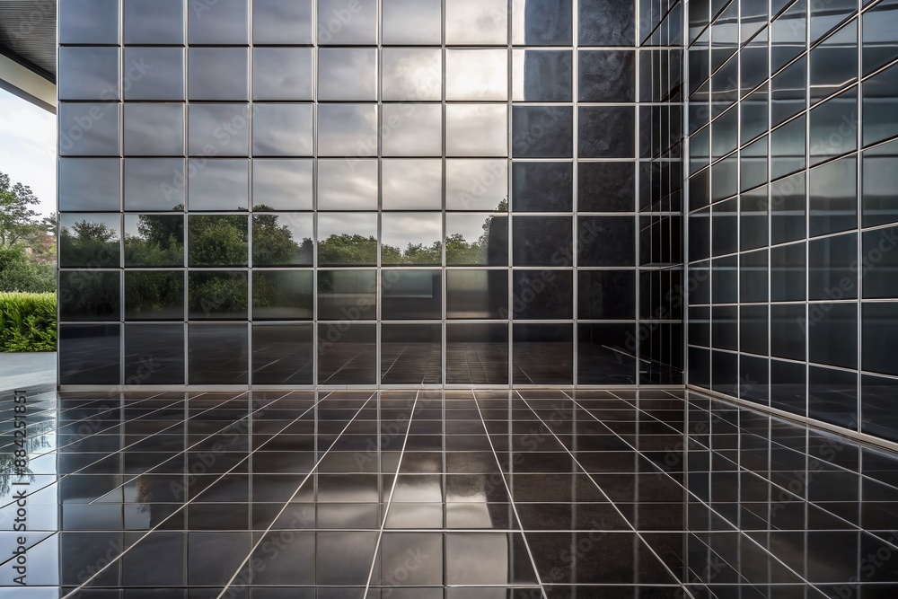Poster an image showcasing a sculptural array of black tiles with a smooth finish, reflecting a modern mini