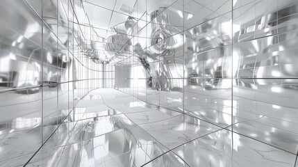 A labyrinth of mirrors where reality twists and bends, in white background