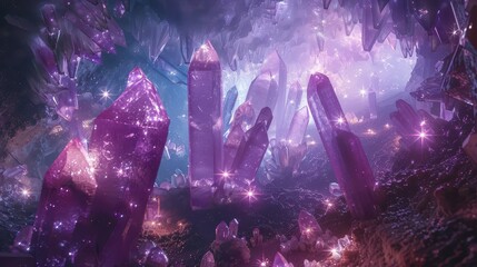 A cave filled with glowing crystals, each one pulsing with mystical energy, in white background