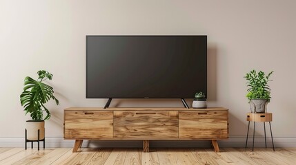 Modern minimalist living room interior design with wooden tv stand and indoor plants