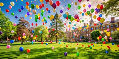 Colorful balloons and confetti scattered on a university campus lawn surrounded by buildings and trees, symbolizing a joyful graduation celebration atmosphere.