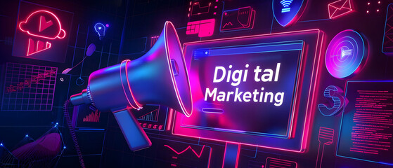 Colorful digital marketing concept with a neon megaphone and various digital icons displayed on a screen, symbolizing online promotion strategies.