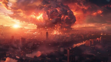 Obraz premium Dramatic explosion in a cityscape at sunset, illustrating destruction and chaos, with a cloud of smoke dominating the horizon.