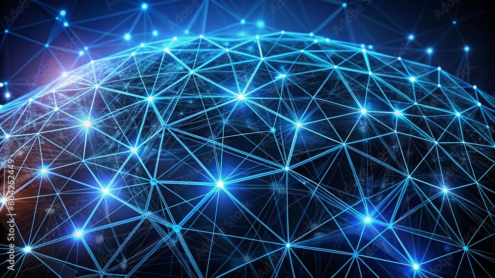 Poster Geometric blue glow lines and dots form intricate low poly patterns on a black background, evoking futuristic geodesic structures and celestial networks in a mesmerizing display.