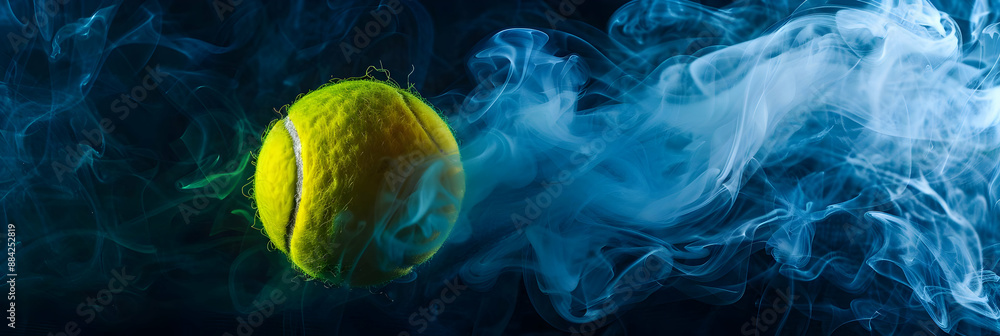 Wall mural dynamic shot of a tennis ball in motion with swirling blue smoke, perfect for sports and athletic th