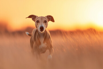 Dog runs through tall grass as the sun sets in the background