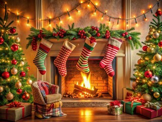 Fototapeta premium Cozy living room scene with crackling fireplace, adorned with evergreen garland, festive ornaments, and colorfully striped stockings hung by the chimney with care.