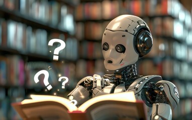 Fototapeta premium Curious Robot Reading a Book in Library with Question Marks