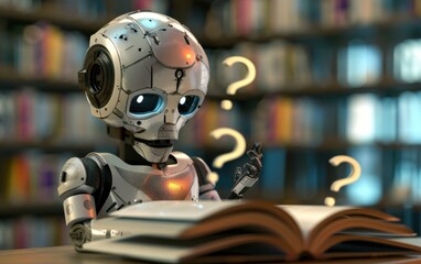 Futuristic Robot Reading a Book in a Modern Library Setting