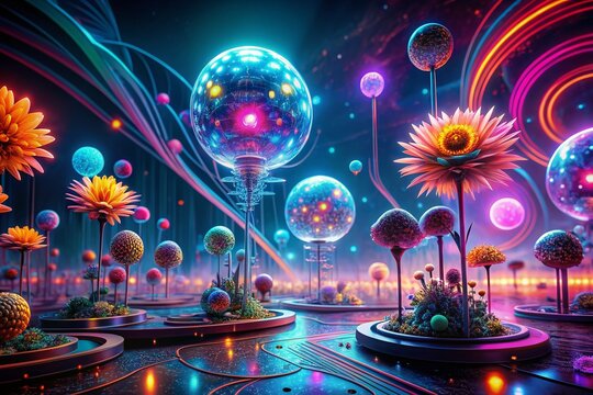Vibrant neon lights burst from abstract circuitry, swirling with fantastical robotic flowers and glowing orbs, blending artistry and technology in a dreamlike futuristic landscape.