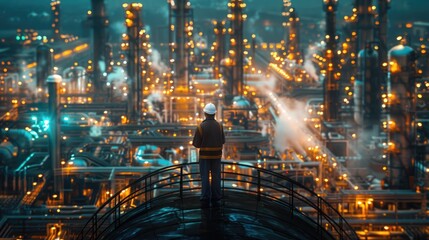 male industrial engineer wearing a white helmet, engaging with workers in a heavy industrial factory. The image should also incorporate an overlay of various metal 