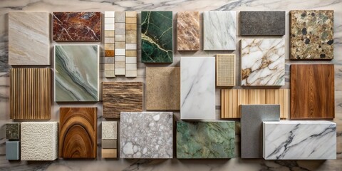 interior design material sample moodboard with luxury surfaces like marble and wood